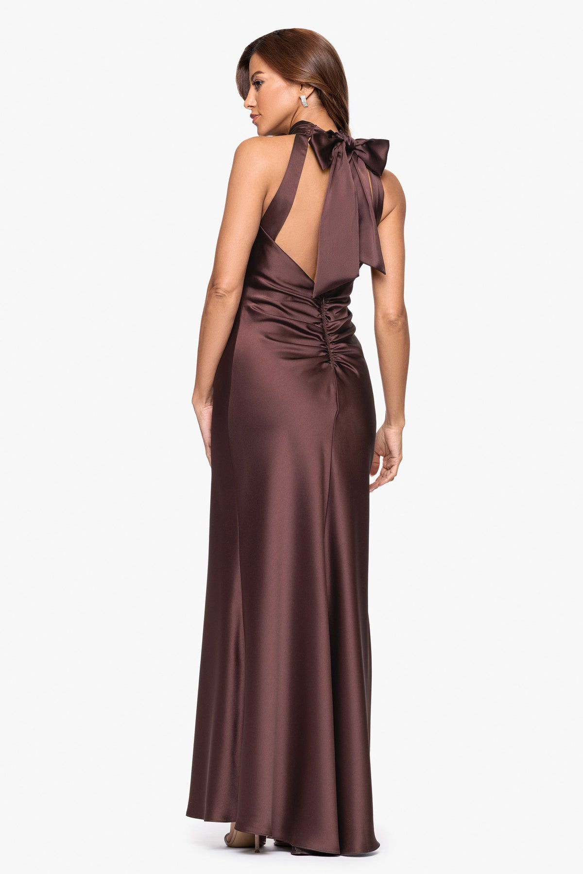 XSCAPE Petite "Ruth" Satin High Tie Neck Backless Dress