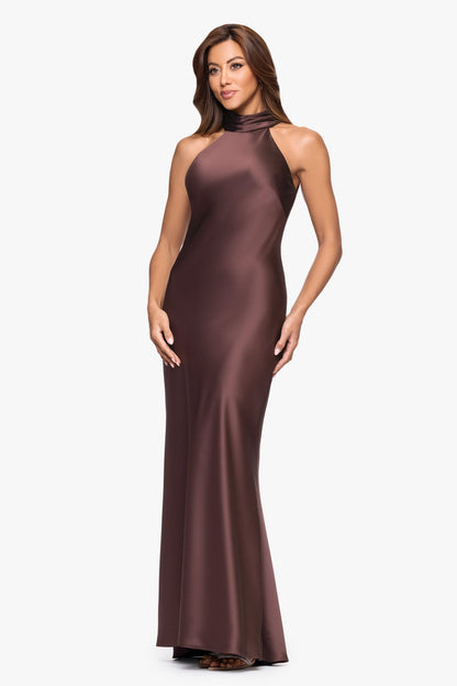 XSCAPE Petite "Ruth" Satin High Tie Neck Backless Dress