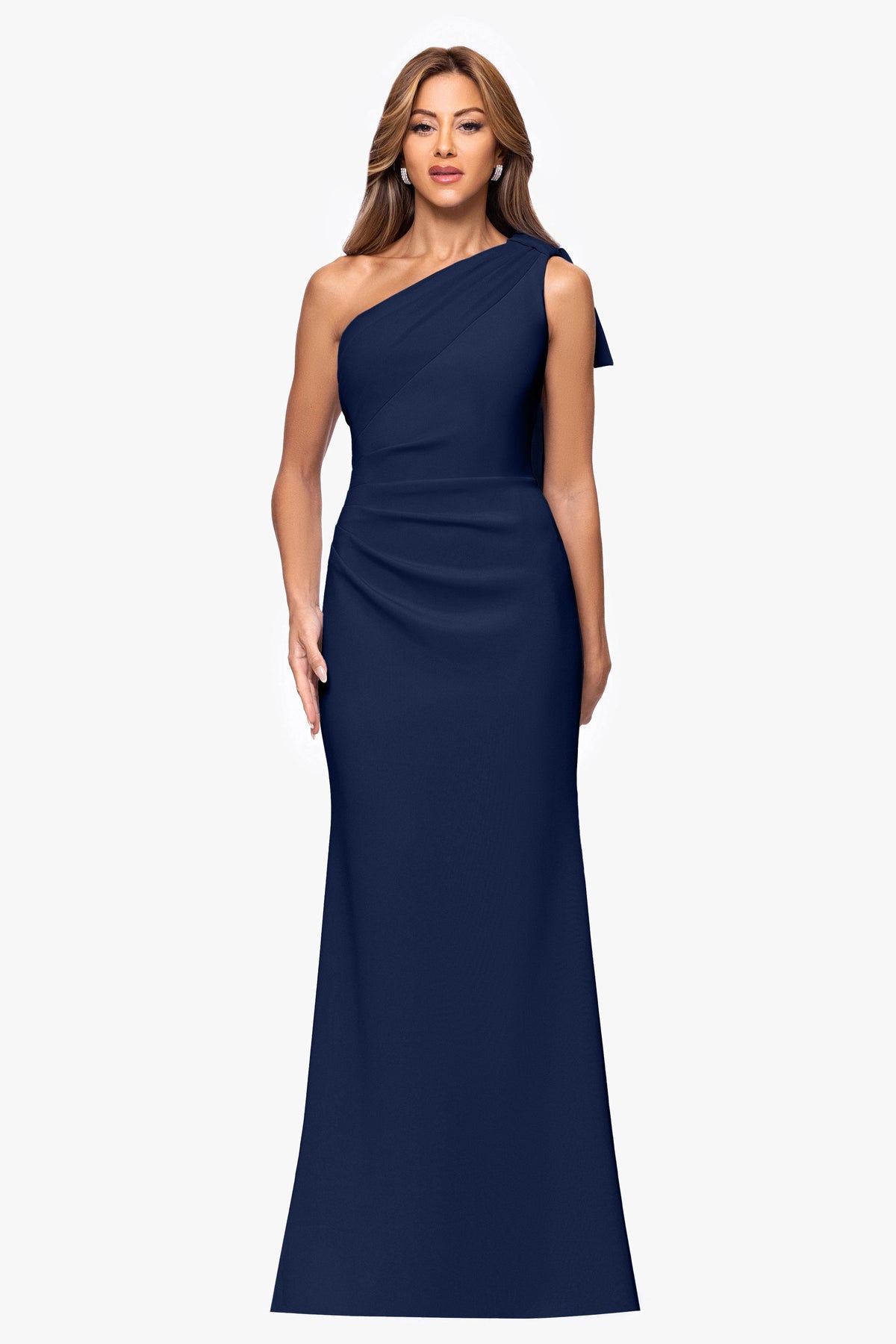 XSCAPE "Gwen" Techno Scuba One Shoulder Sash Dress