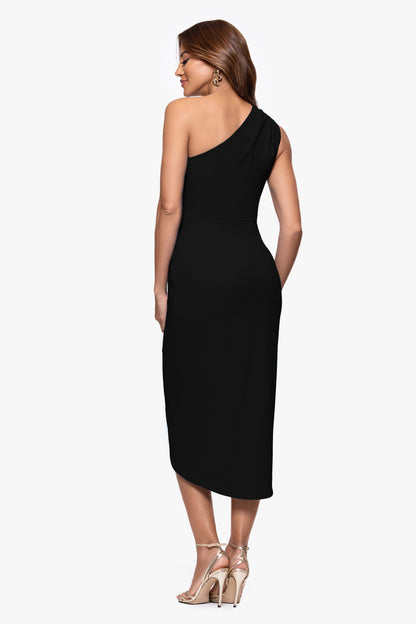 XSCAPE "Dakota" Scuba Crepe One Shoulder Ruched Short Dress