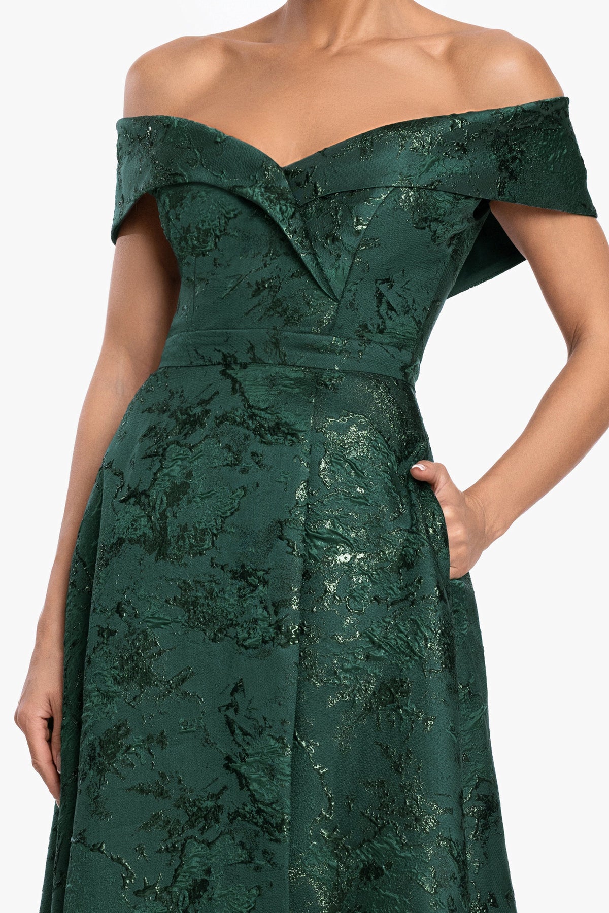 XSCAPE Petite "Daphne" Brocade Off Shoulder Dress