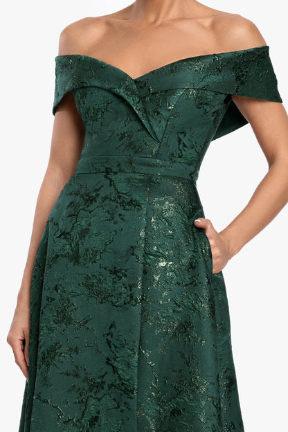 XSCAPE Petite "Daphne" Brocade Off Shoulder Dress