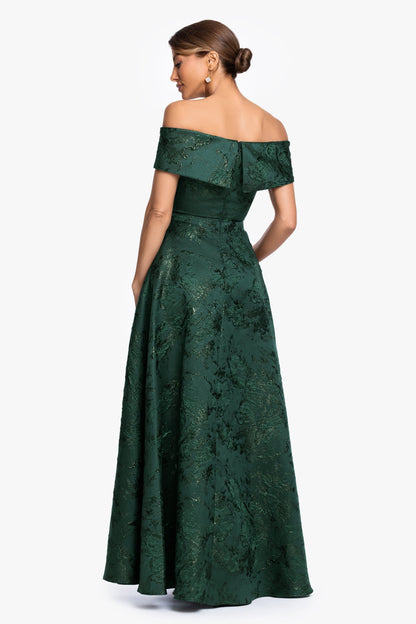 XSCAPE Petite "Daphne" Brocade Off Shoulder Dress