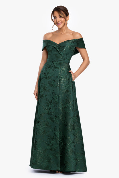 XSCAPE Petite "Daphne" Brocade Off Shoulder Dress