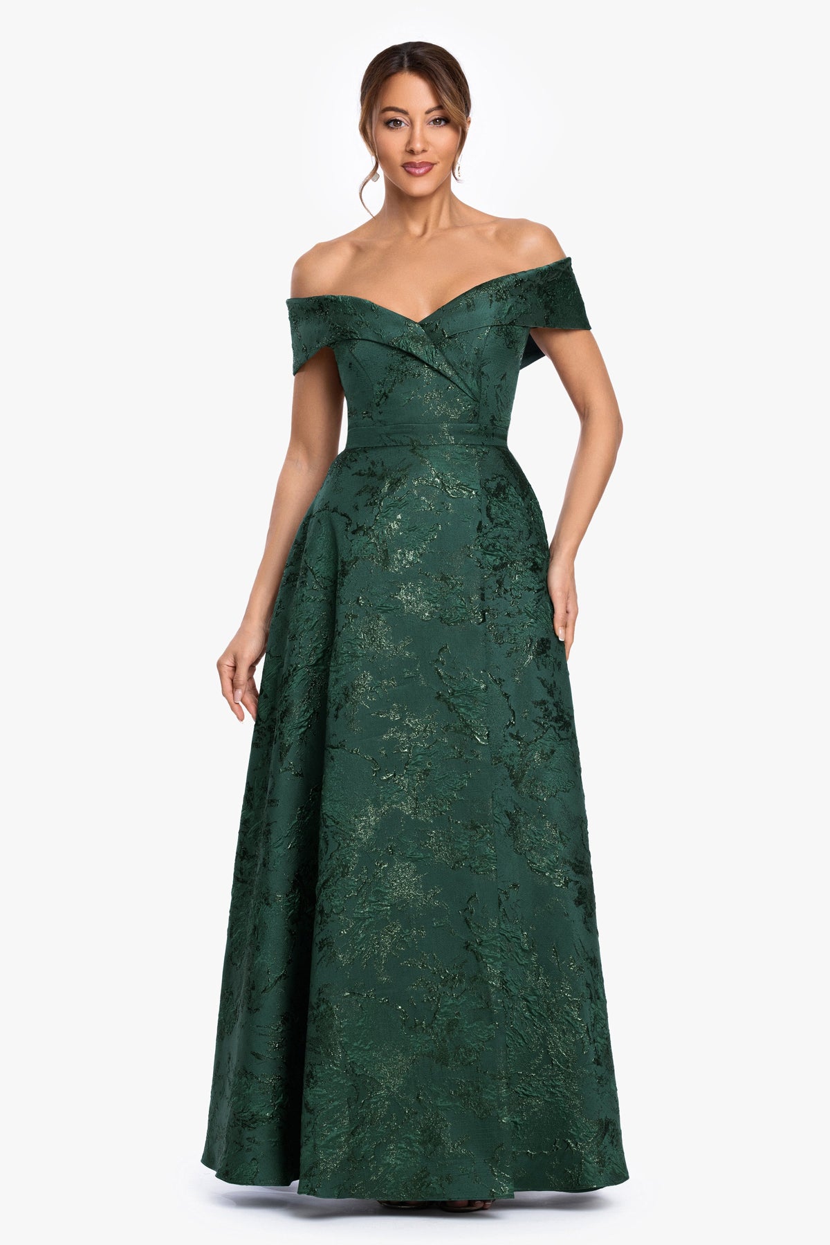 XSCAPE "Daphne" Brocade Off Shoulder Dress