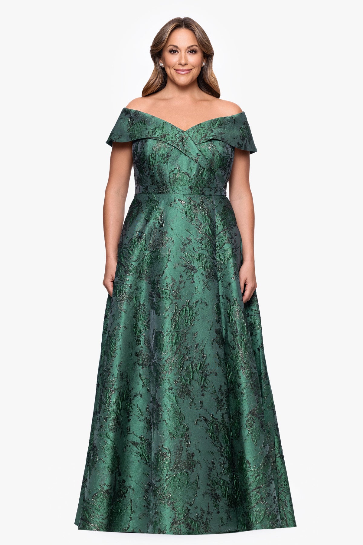 XSCAPE Plus "Daphne" Brocade Off Shoulder Dress
