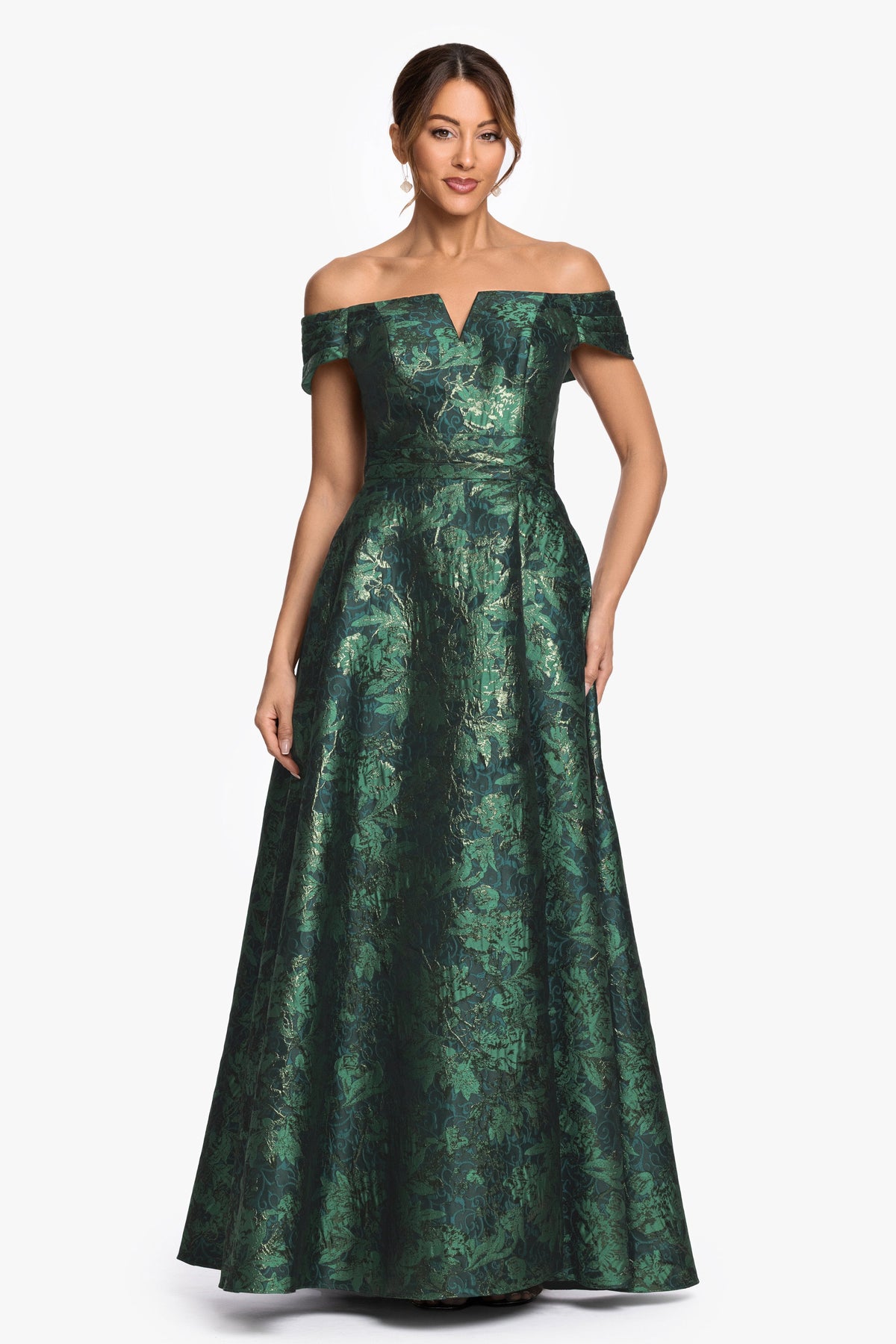 XSCAPE "Esther" Printed Brocade Off The Shoulder Gown
