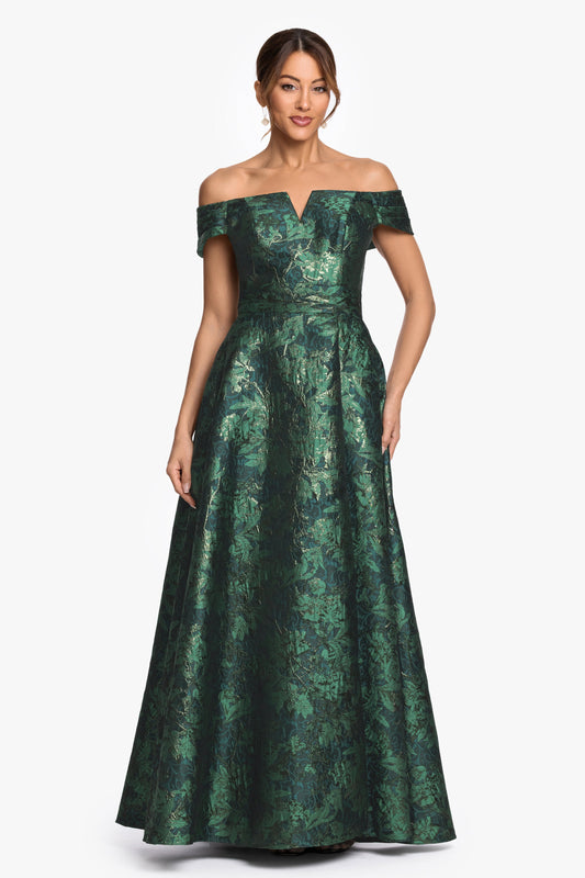 XSCAPE "Esther" Printed Brocade Off The Shoulder Gown