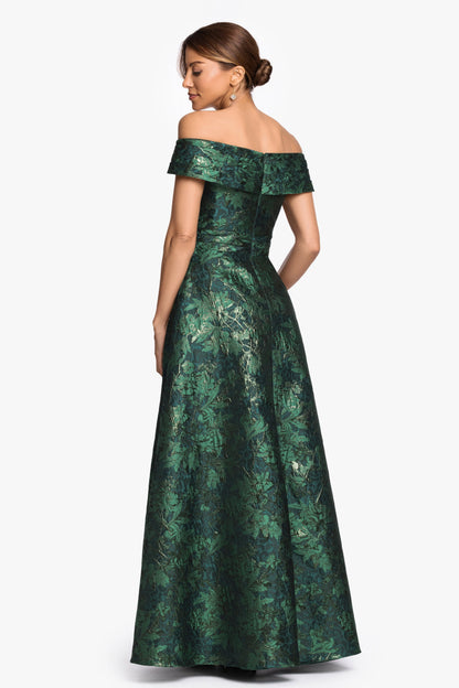 XSCAPE "Esther" Printed Brocade Off The Shoulder Gown