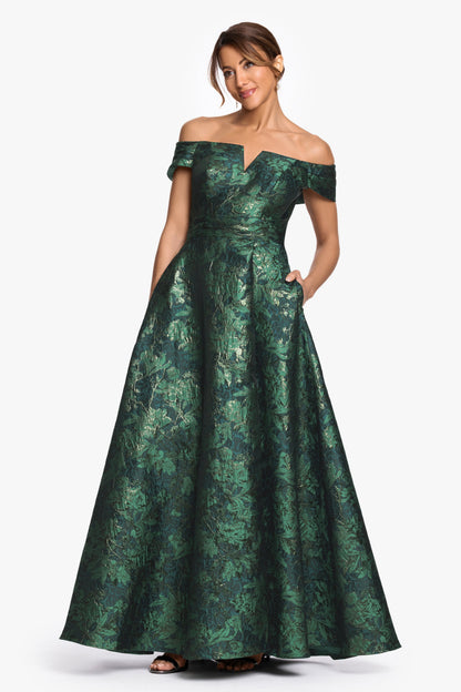 XSCAPE "Esther" Printed Brocade Off The Shoulder Gown