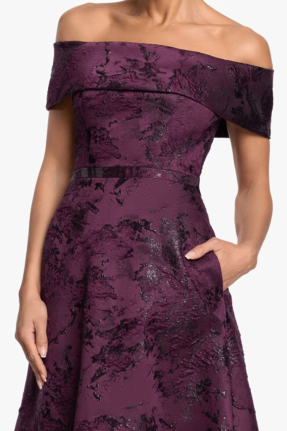 XSCAPE "Emily" Printed Brocade Off The Shoulder Gown