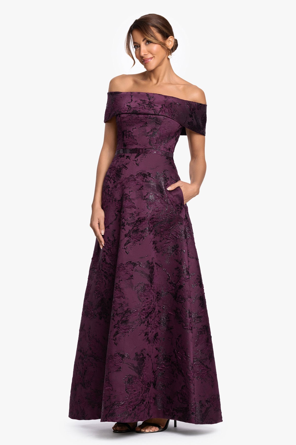 XSCAPE "Emily" Printed Brocade Off The Shoulder Gown