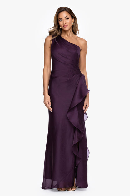 XSCAPE "Serena" Metallic Organza One Shoulder Dress
