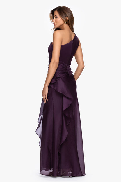 XSCAPE "Serena" Metallic Organza One Shoulder Dress