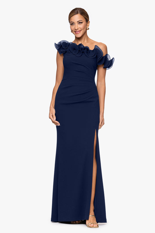 XSCAPE "Delilah" Scuba Crepe Drop Shoulder Chiffon Ruffle Dress