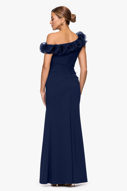 XSCAPE "Delilah" Scuba Crepe Drop Shoulder Chiffon Ruffle Dress