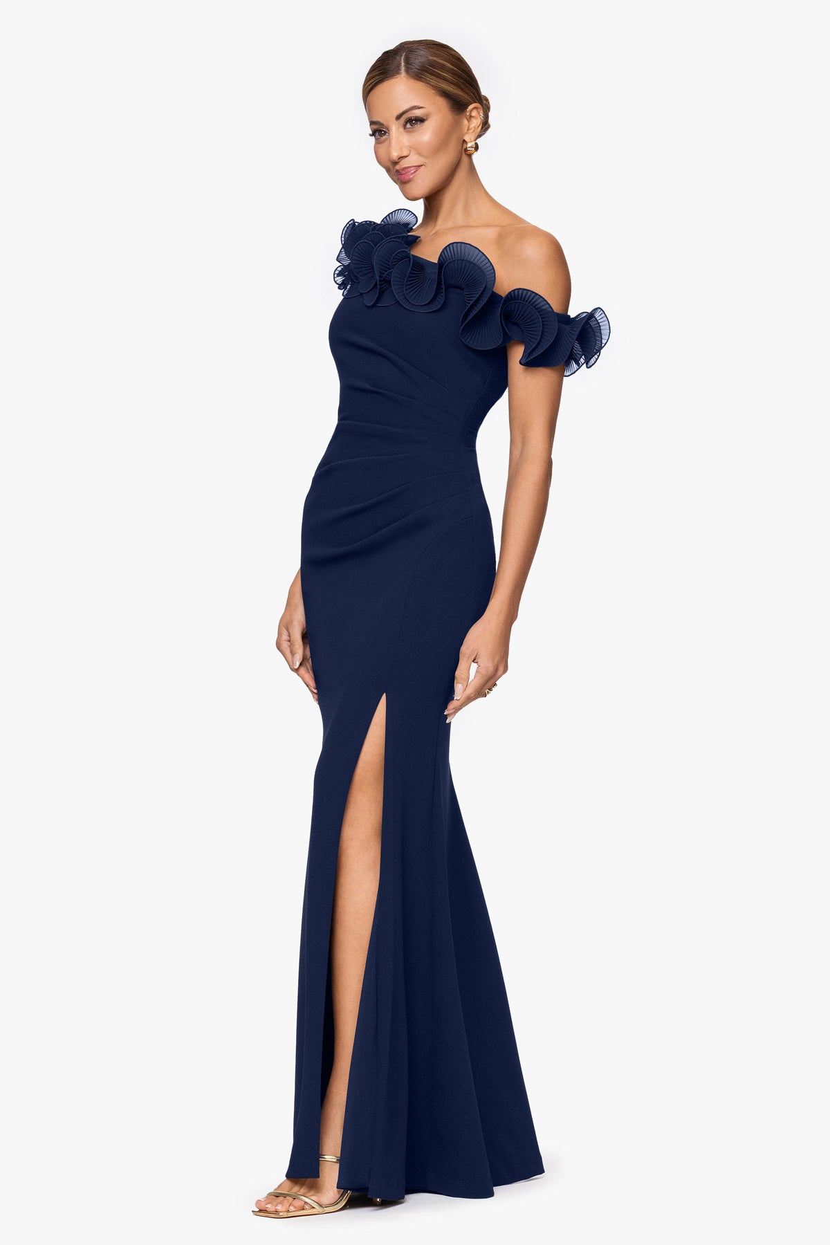 XSCAPE "Delilah" Scuba Crepe Drop Shoulder Chiffon Ruffle Dress