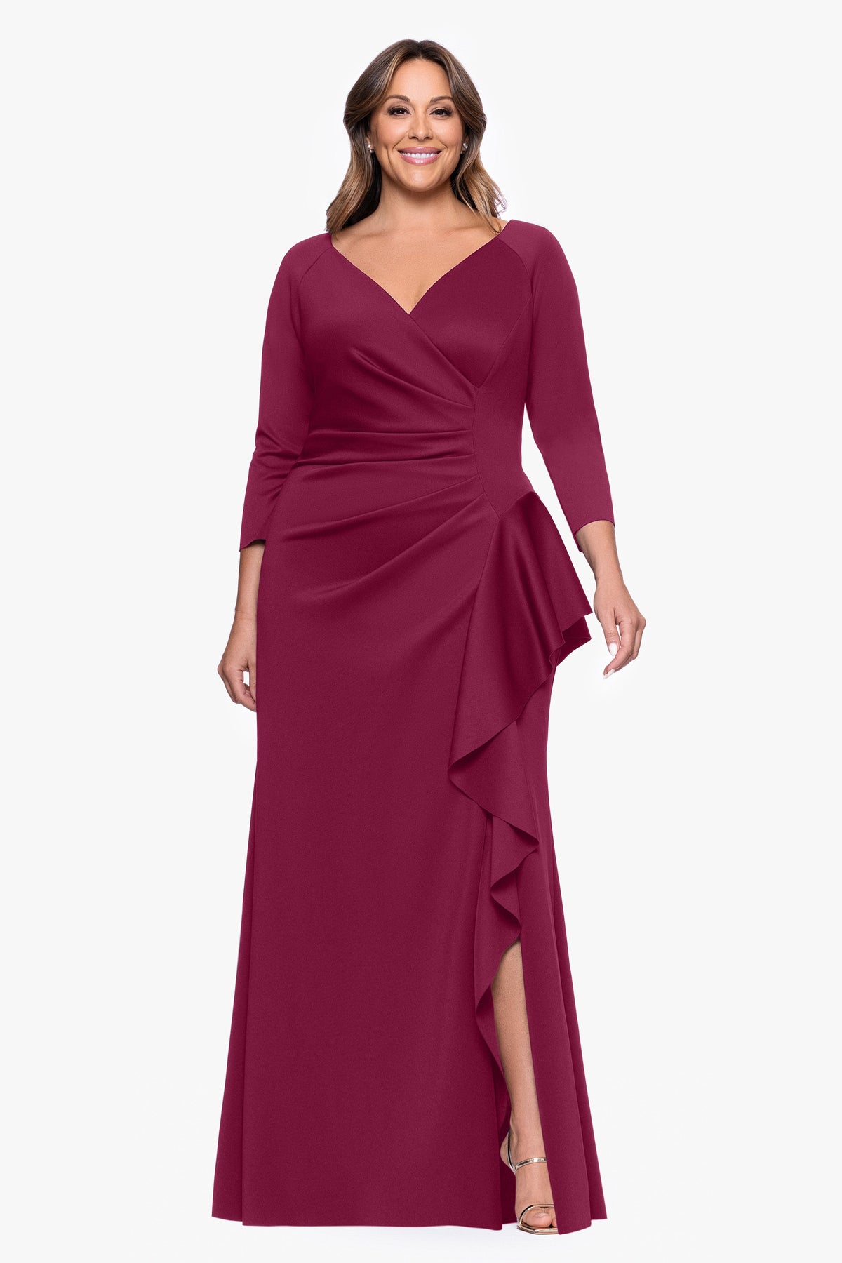 XSCAPE Plus "Amber" Techno Scuba 3/4 Sleeve V-Neck Ruffle Dress