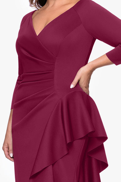 XSCAPE Plus "Amber" Techno Scuba 3/4 Sleeve V-Neck Ruffle Dress