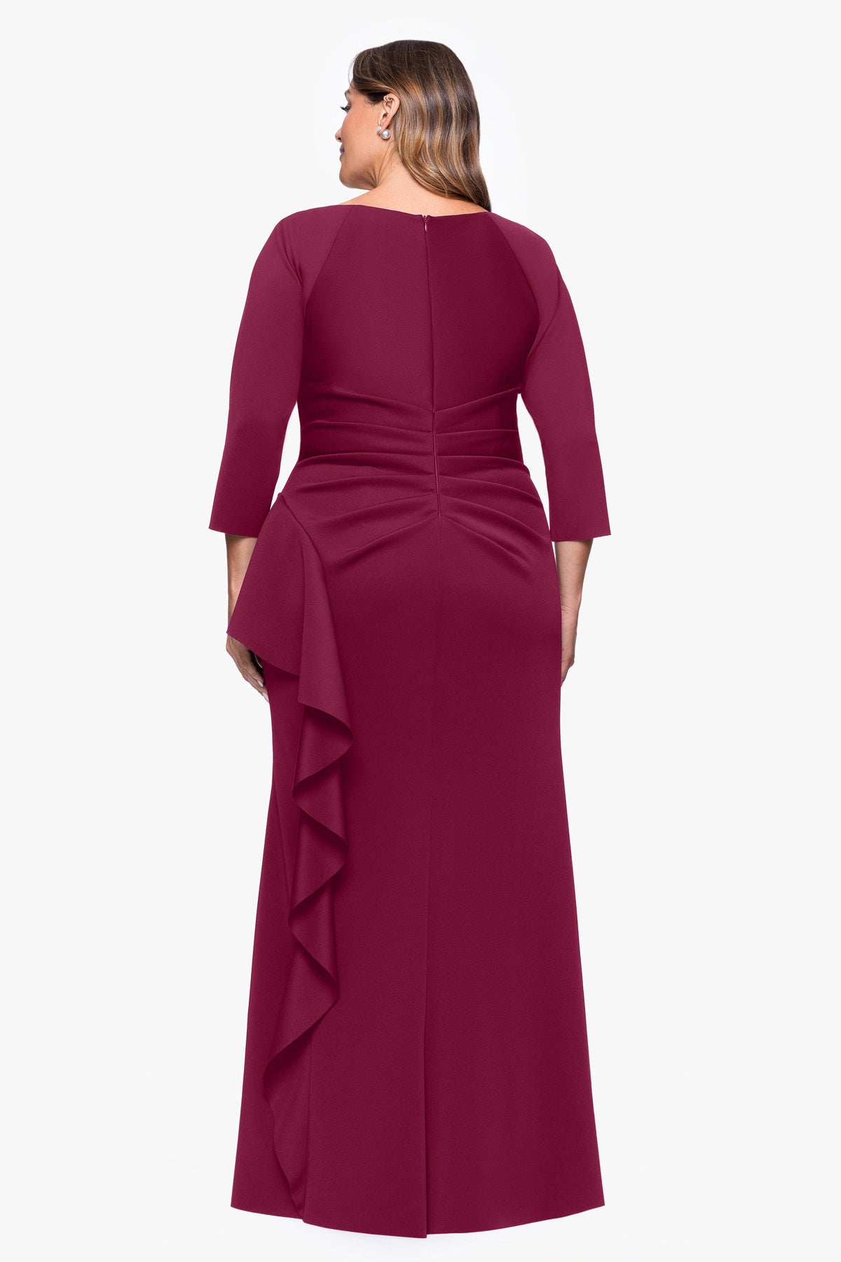 XSCAPE Plus "Amber" Techno Scuba 3/4 Sleeve V-Neck Ruffle Dress