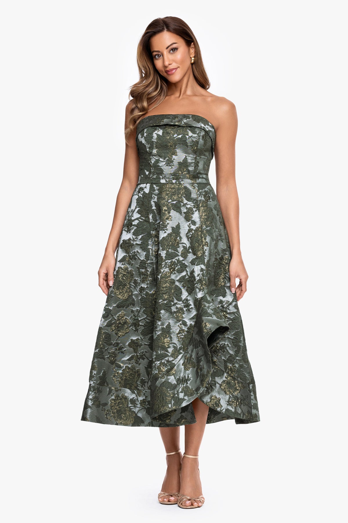 XSCAPE "Valentina" Brocade Strapless Midi Dress