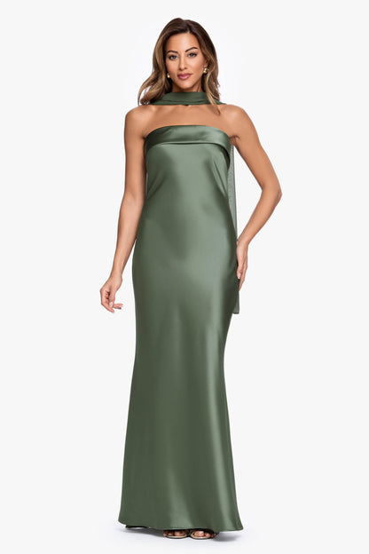 XSCAPE "Lila" Satin With Hammered Chiffon Scarf Dress