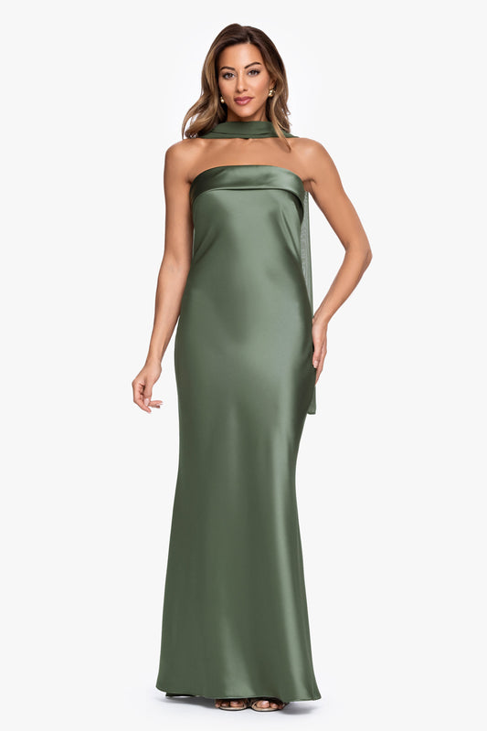 XSCAPE "Lila" Satin With Hammered Chiffon Scarf Dress