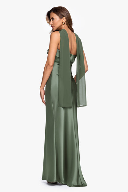 XSCAPE "Lila" Satin With Hammered Chiffon Scarf Dress