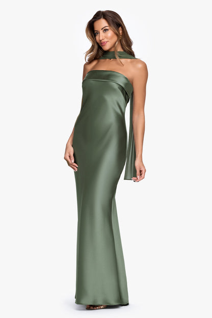XSCAPE "Lila" Satin With Hammered Chiffon Scarf Dress