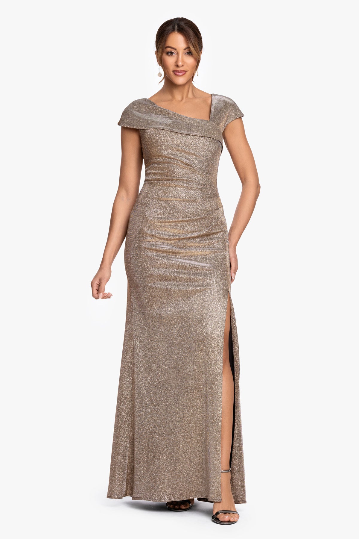 XSCAPE Petite "Angelina" Glitter Metallic Asymmetrical Neckline Dress