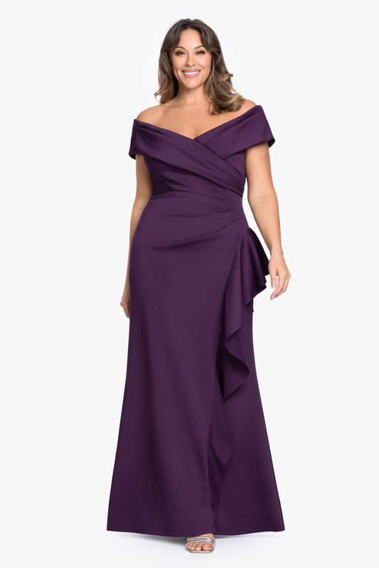 XSCAPE Plus "Pearl" Techno Scuba Off the Shoulder Ruffle Dress