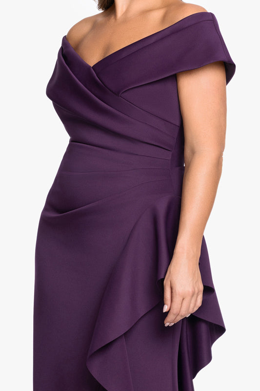 XSCAPE Plus "Pearl" Techno Scuba Off the Shoulder Ruffle Dress