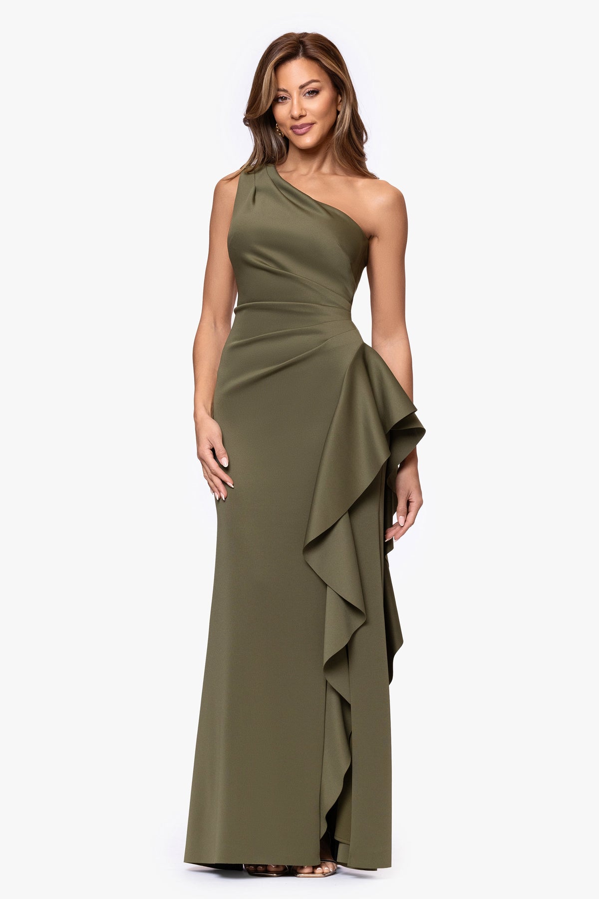 XSCAPE "Flo" Techno Scuba One Shoulder Ruffle Dress