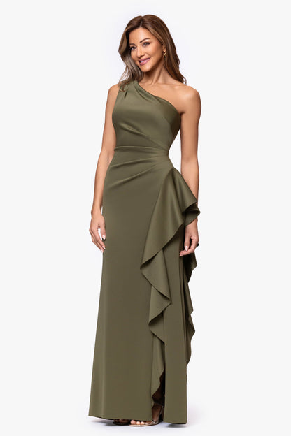 XSCAPE "Flo" Techno Scuba One Shoulder Ruffle Dress