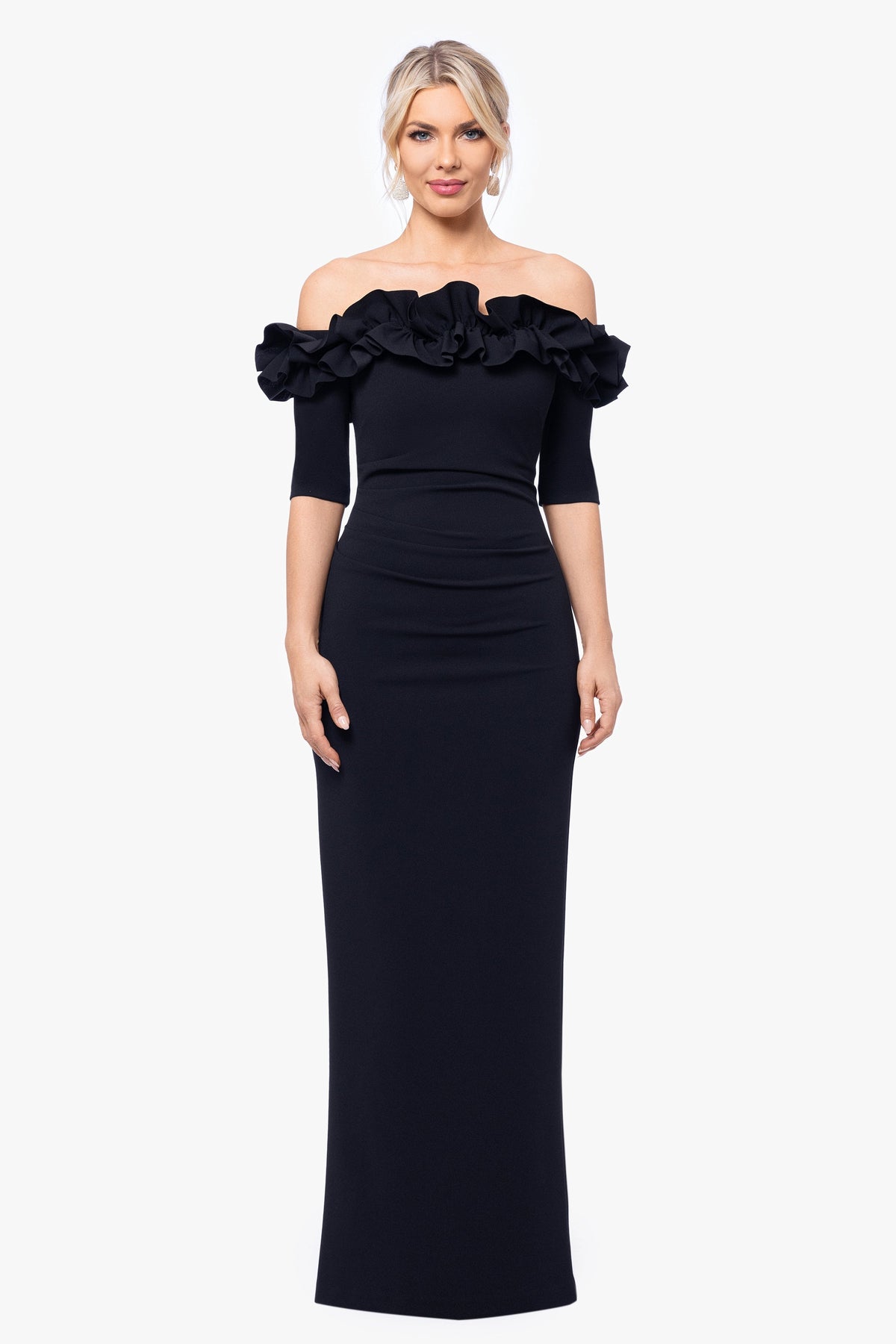 XSCAPE "Isla" Scuba Crepe Off The Shoulder Ruffle Dress