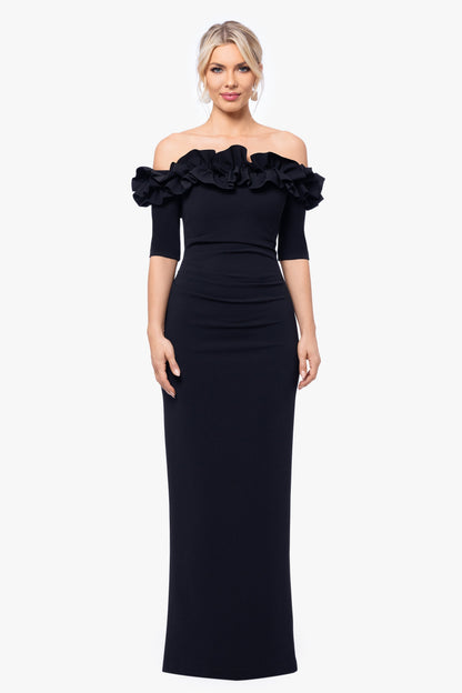 XSCAPE "Isla" Scuba Crepe Off The Shoulder Ruffle Dress