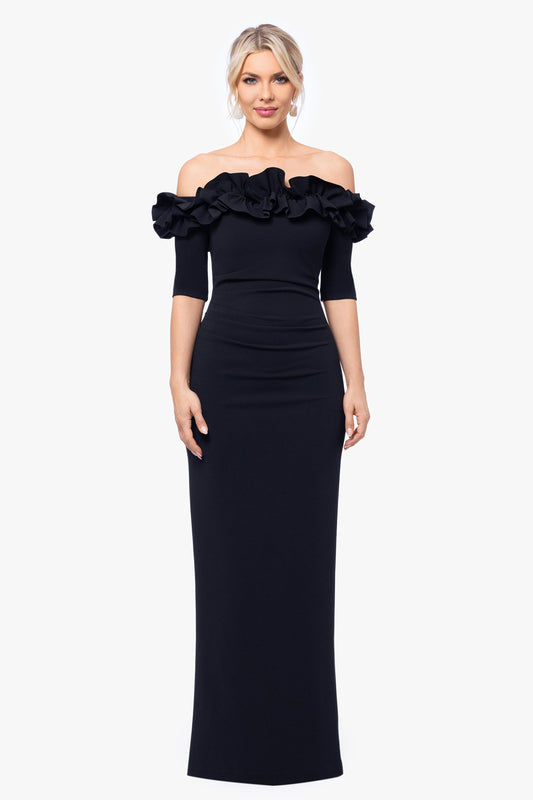 XSCAPE "Isla" Scuba Crepe Off The Shoulder Ruffle Dress
