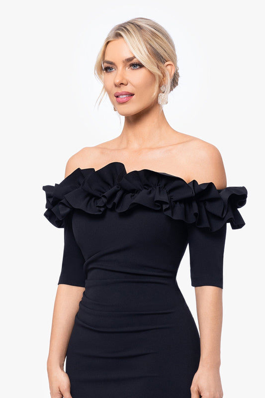 XSCAPE "Isla" Scuba Crepe Off The Shoulder Ruffle Dress