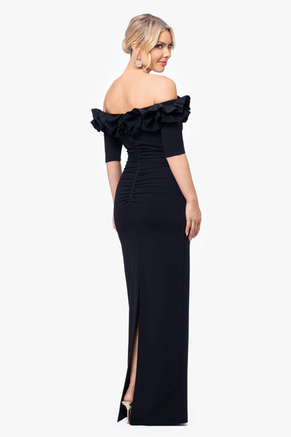 XSCAPE "Isla" Scuba Crepe Off The Shoulder Ruffle Dress