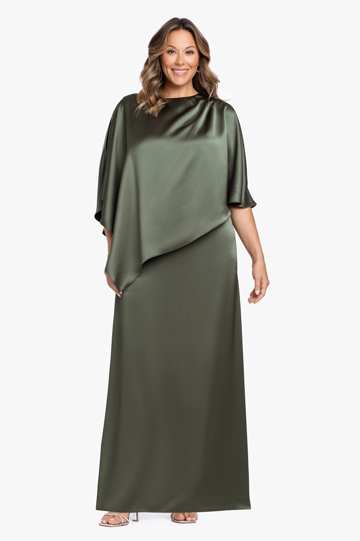 XSCAPE Plus "Ellen" Satin Overlay Cape Dress