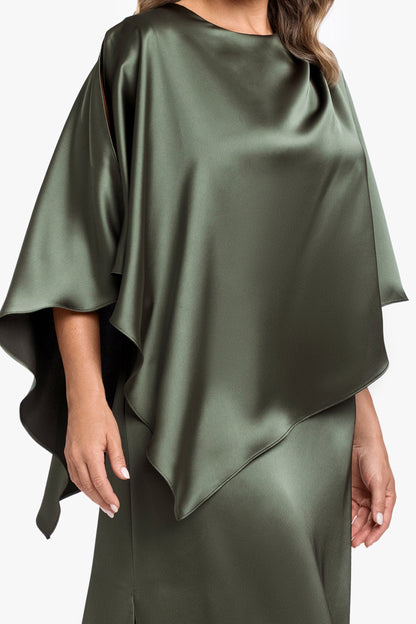 XSCAPE Plus "Ellen" Satin Overlay Cape Dress