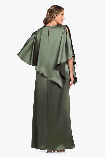 XSCAPE Plus "Ellen" Satin Overlay Cape Dress