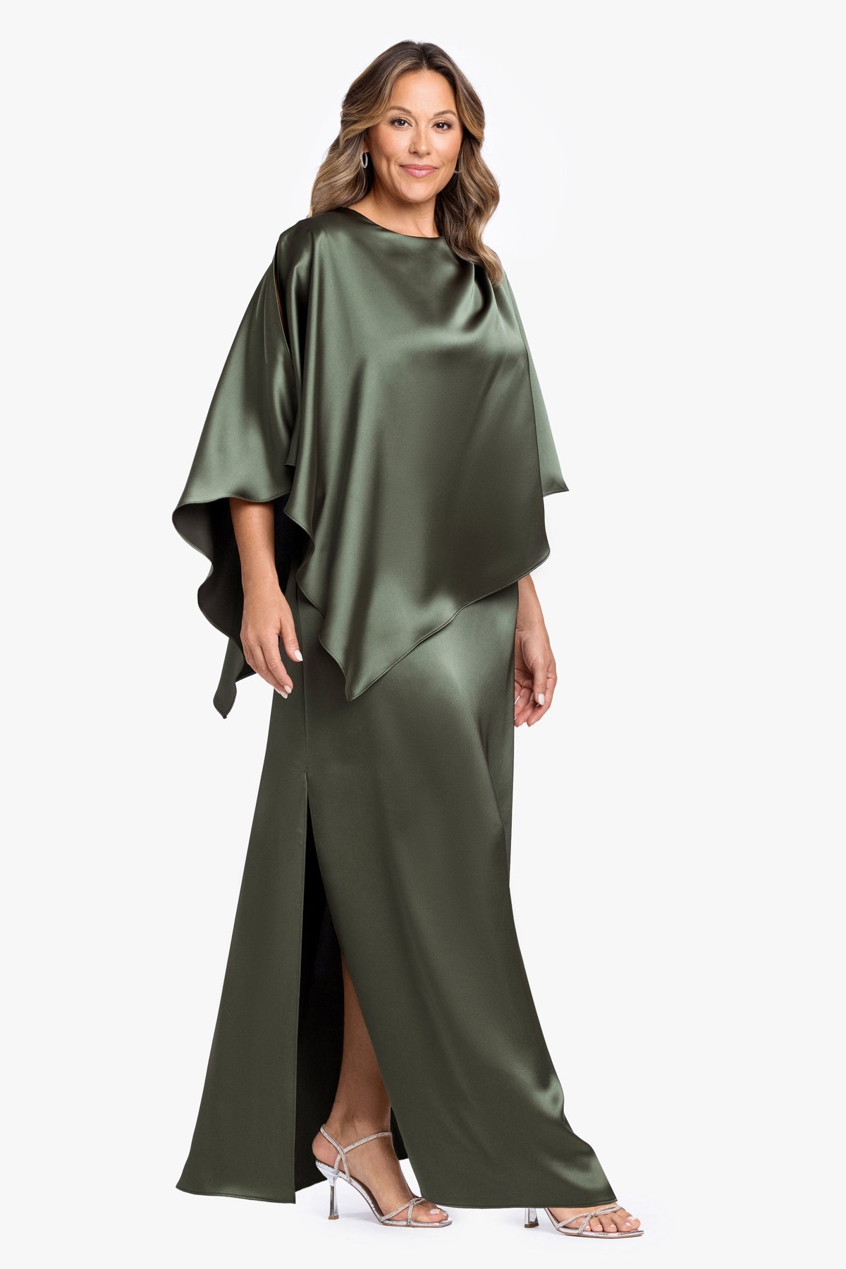 XSCAPE Plus "Ellen" Satin Overlay Cape Dress