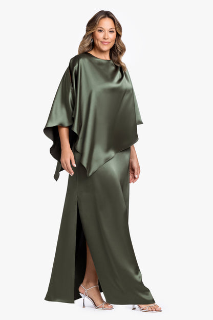 XSCAPE Plus "Ellen" Satin Overlay Cape Dress