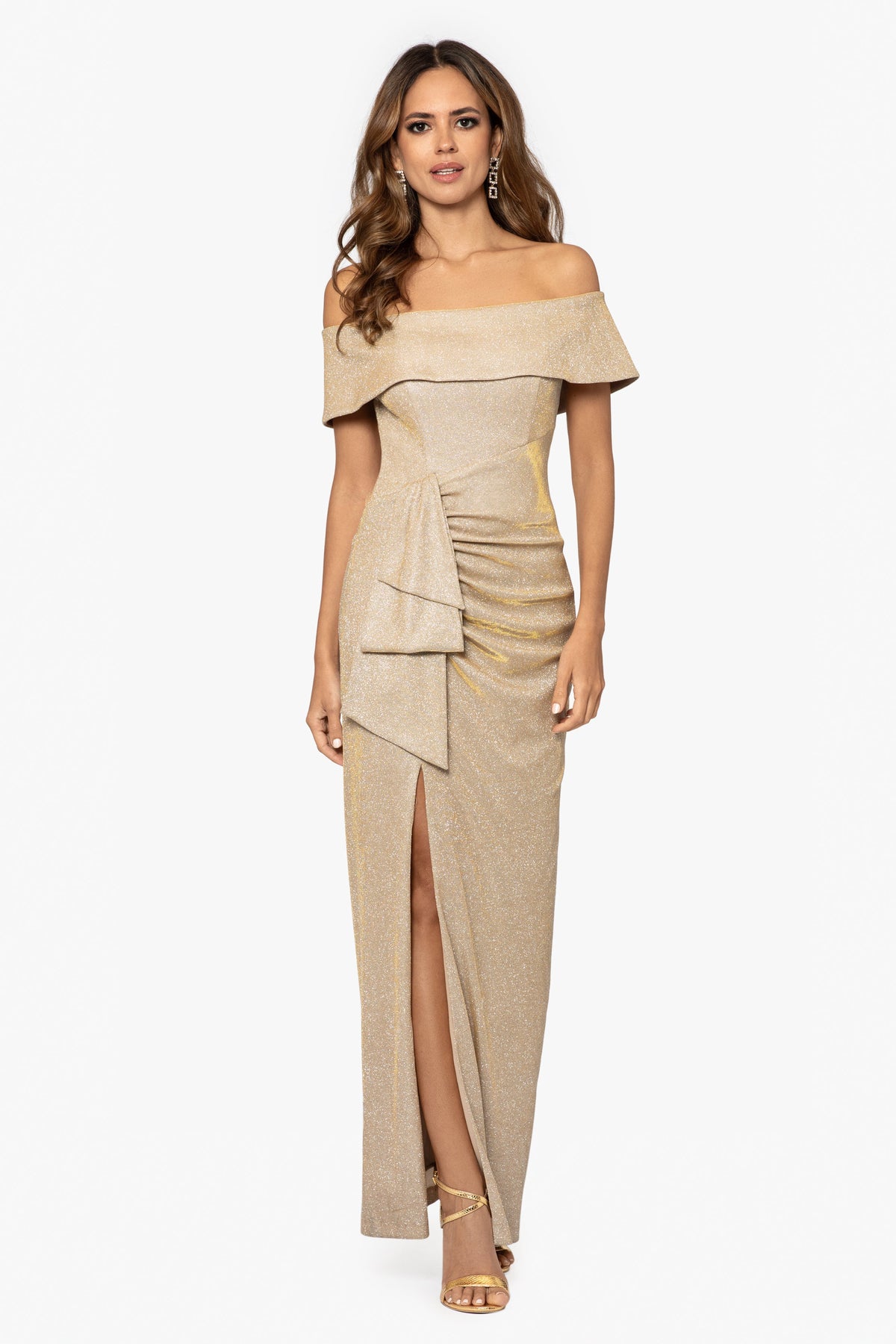 XSCAPE "Tessa" Glitter Off the Shoulder Ruffle Dress