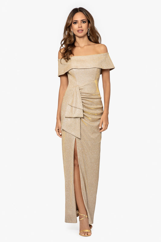 XSCAPE "Tessa" Glitter Off the Shoulder Ruffle Dress