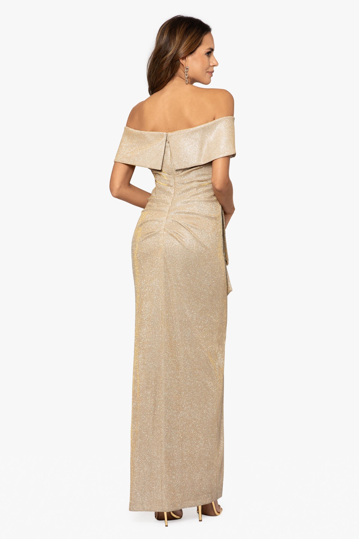 XSCAPE "Tessa" Glitter Off the Shoulder Ruffle Dress