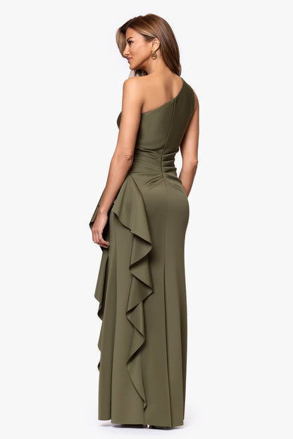 XSCAPE Petite "Flo" Techno Scuba One Shoulder Ruffle Dress
