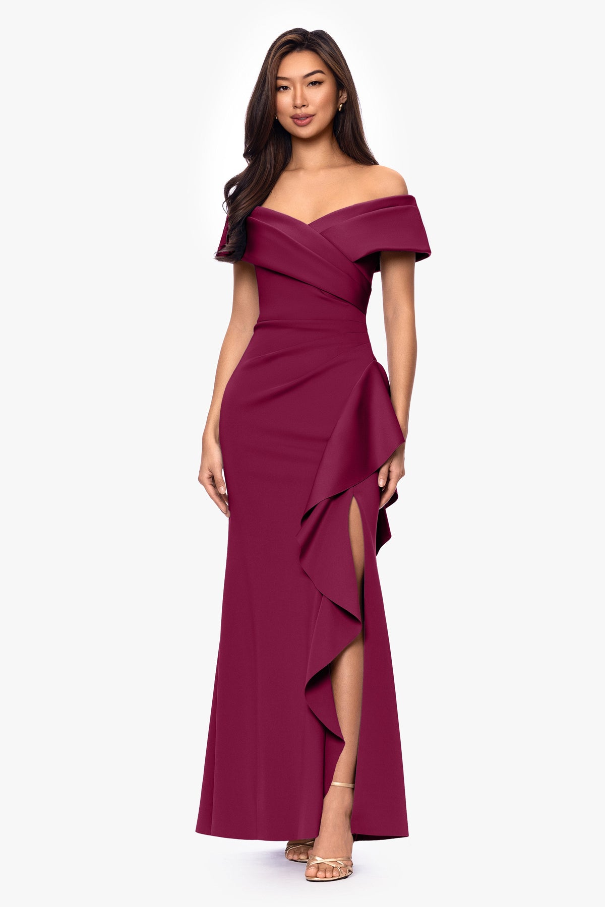 XSCAPE Petite "Pearl" Techno Scuba Off the Shoulder Ruffle Dress