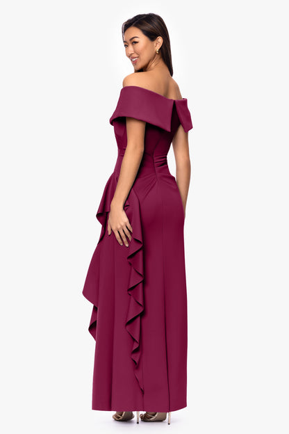 XSCAPE Petite "Pearl" Techno Scuba Off the Shoulder Ruffle Dress
